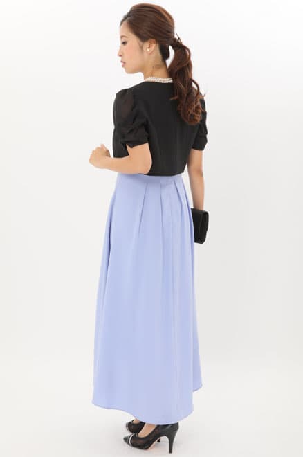 ブルーのウエスト切替フィッシュアンドテールドレス