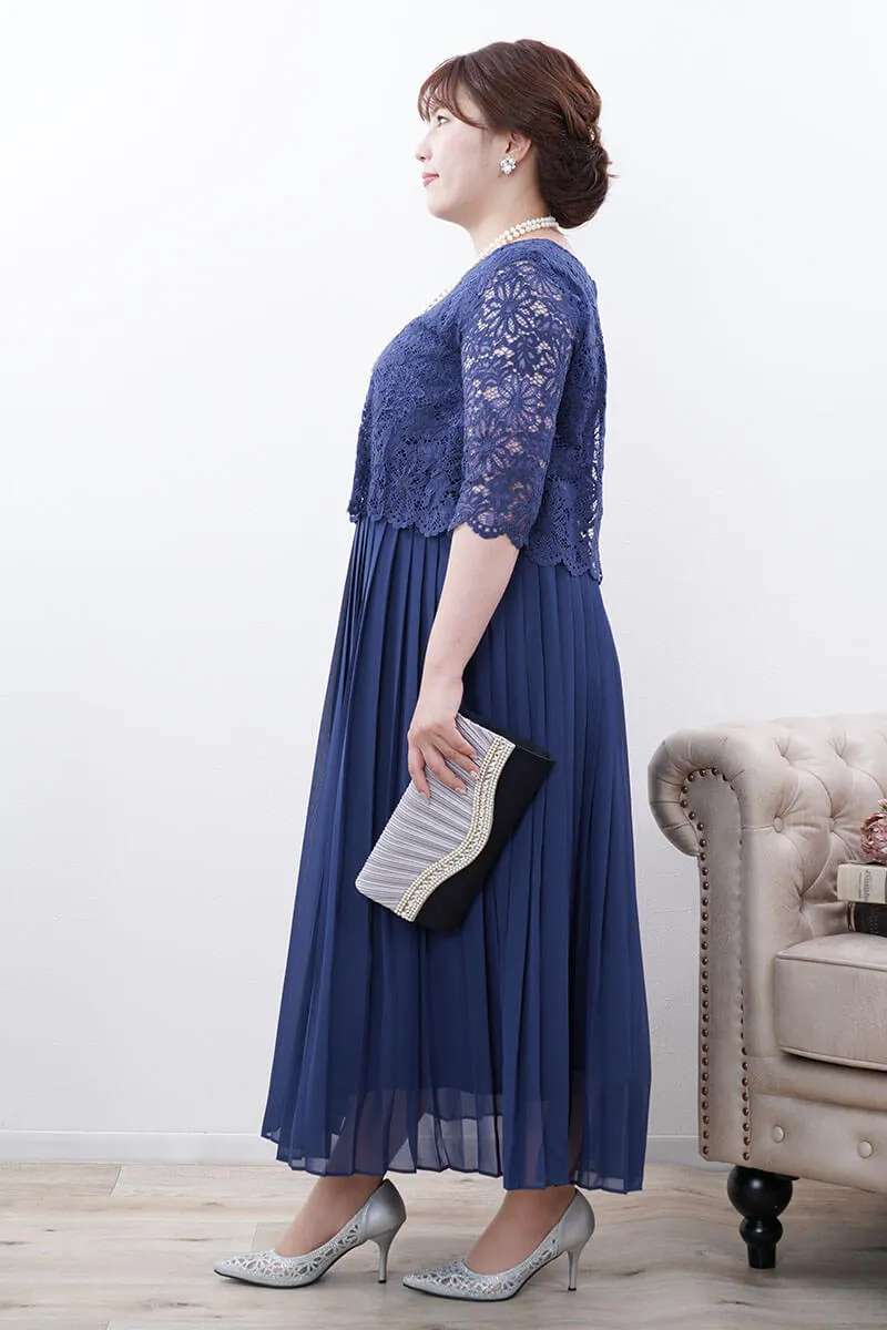 ブルーのフラワーレースプリーツドレス