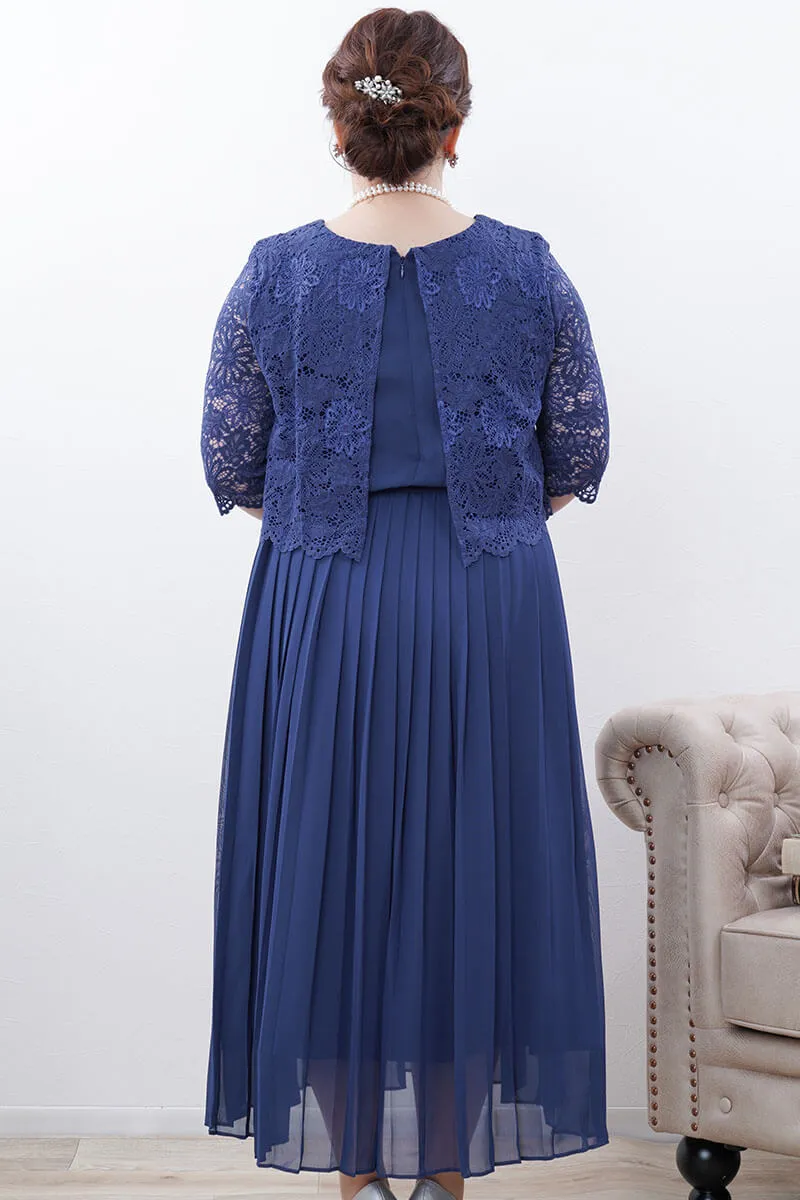 ブルーのフラワーレースプリーツドレス