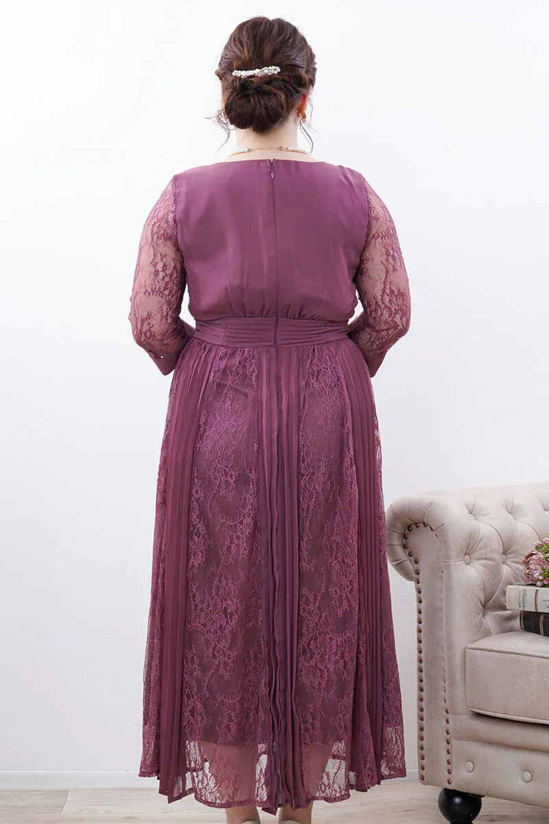ダークパープルのレースプリーツ切替ドレス