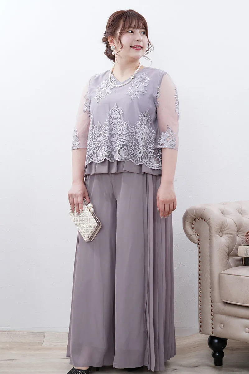グレージュのチュールブラウスワイドパンツドレス