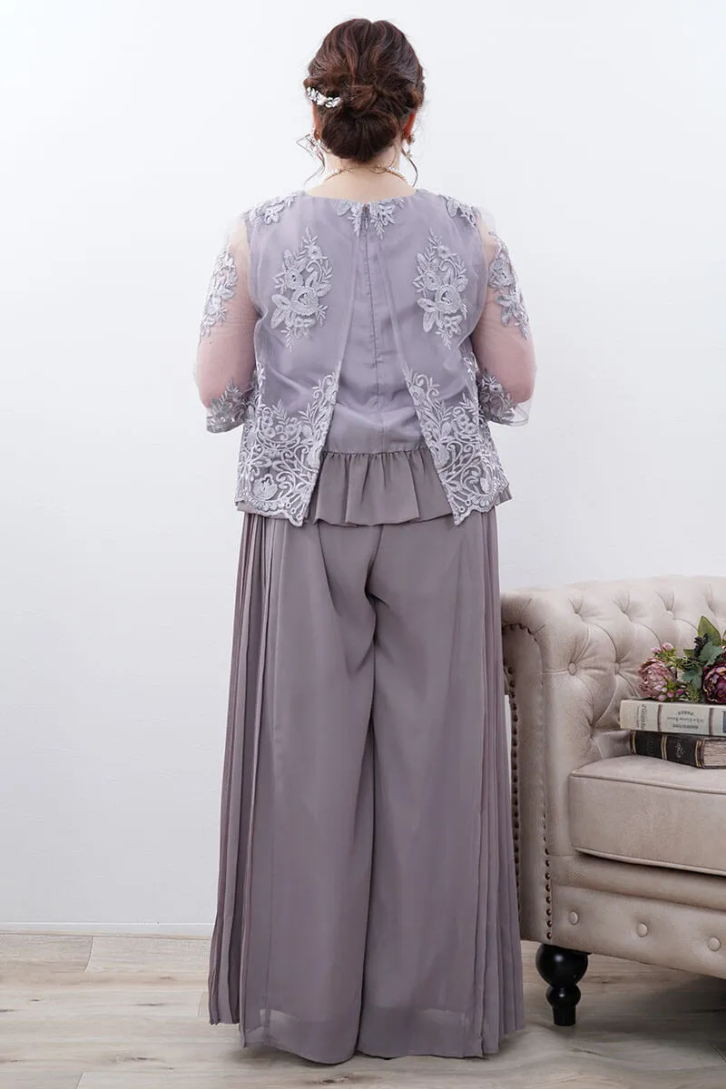 グレージュのチュールブラウスワイドパンツドレス