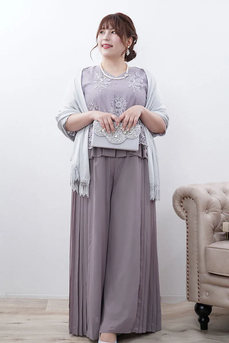 グレージュのチュールブラウスワイドパンツドレス