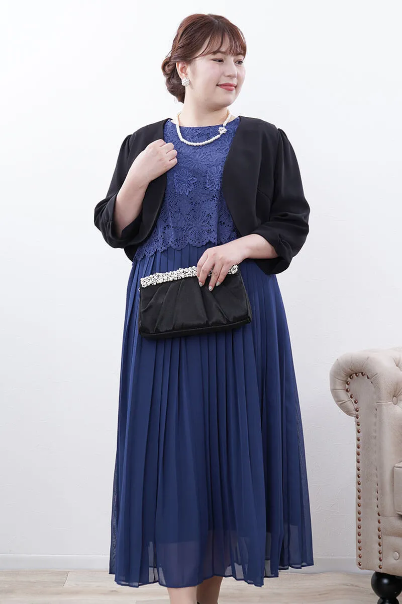 ブルーのフラワーレースプリーツドレス