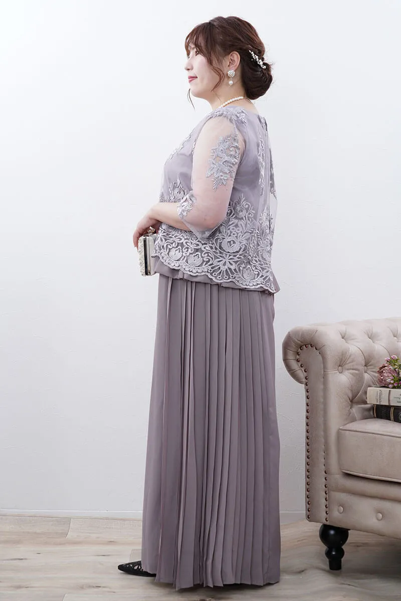 グレージュのチュールブラウスワイドパンツドレス
