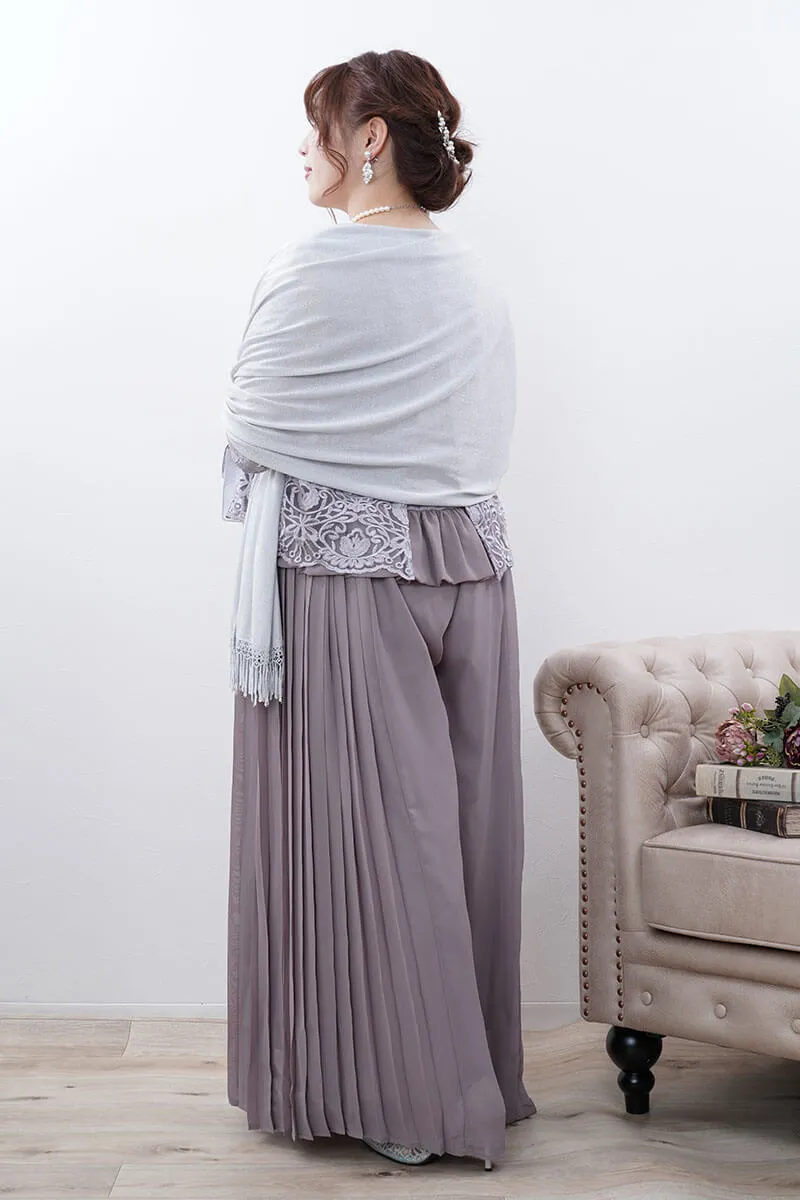 グレージュのチュールブラウスワイドパンツドレス