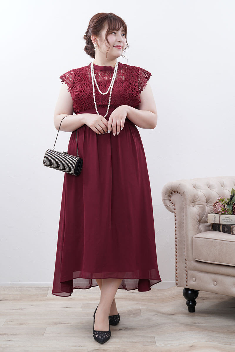 ボルドーのヴィンテージライクレースドレス
