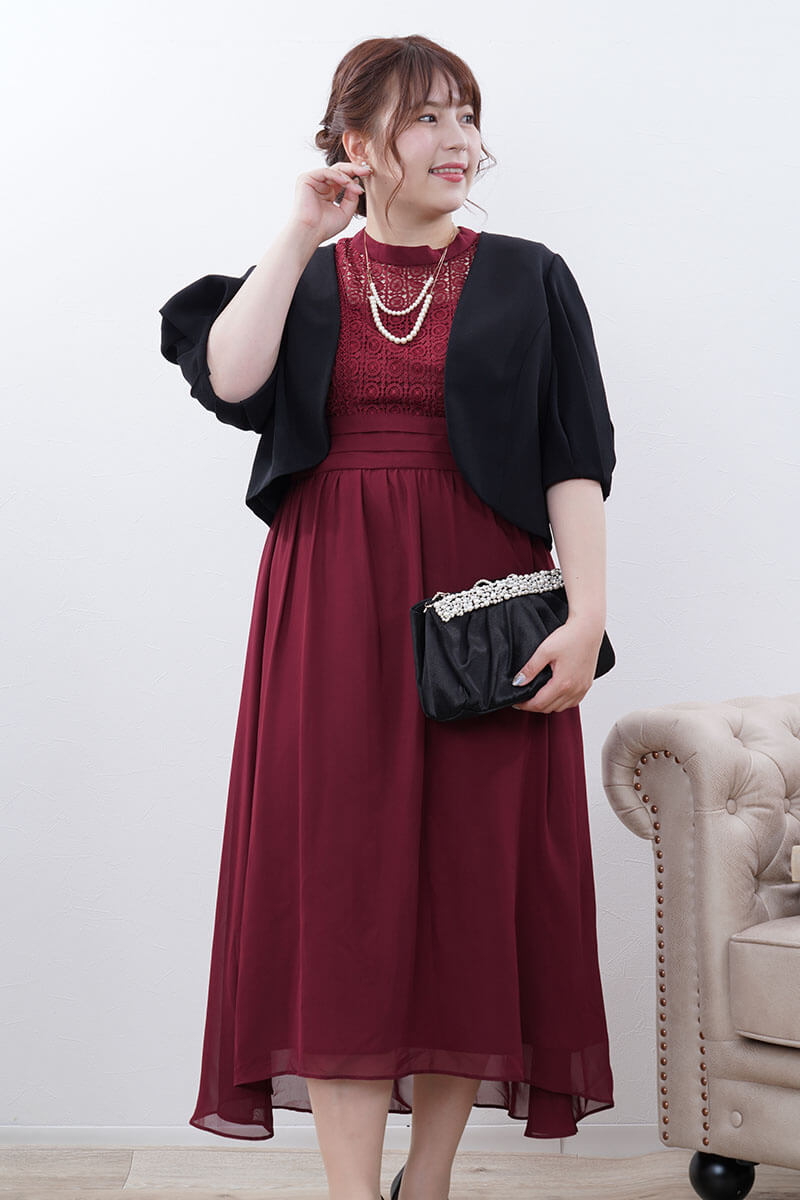 ボルドーのヴィンテージライクレースドレス
