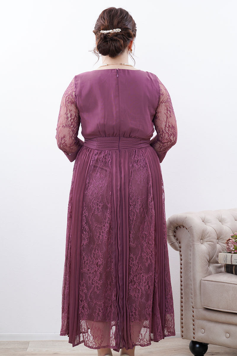ダークパープルのレースプリーツ切替ドレス
