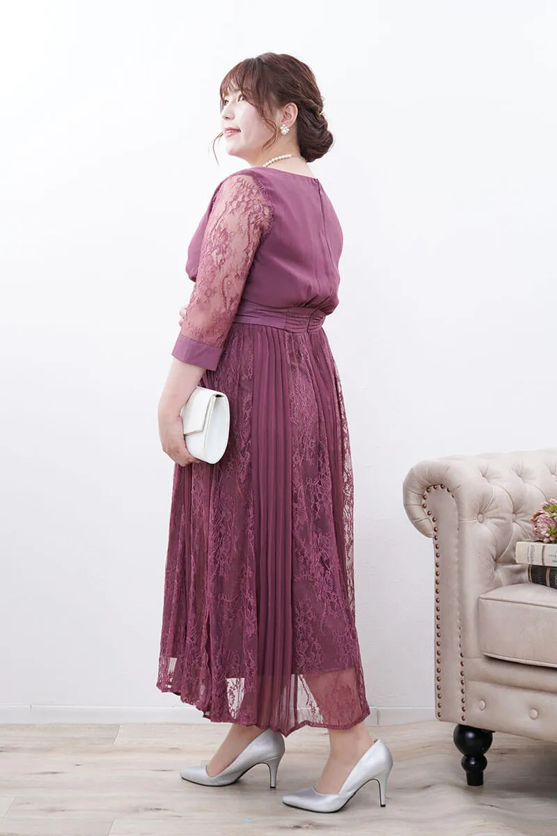 ダークパープルのレースプリーツ切替ドレス