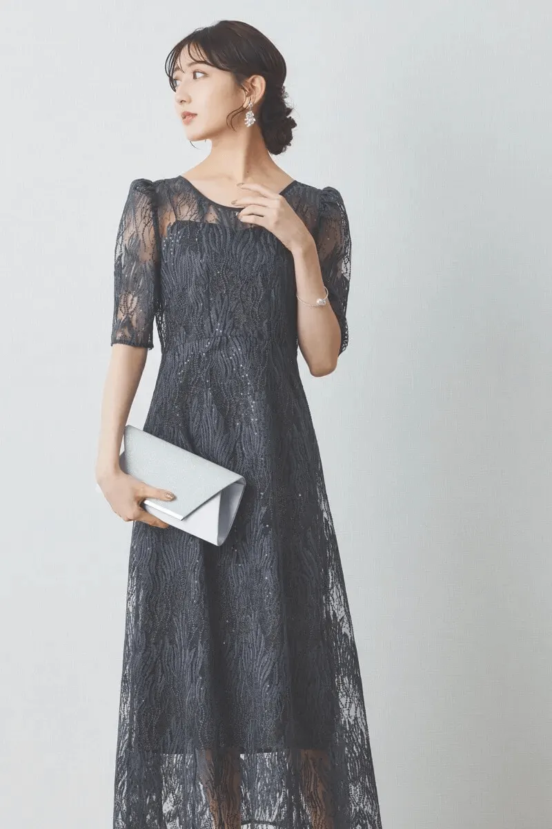 ダークグレーのスパンコールアネモネドレス