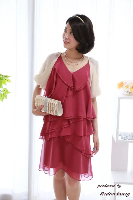 ピンクのVネックフリルミニ丈ドレスコーディネートセット