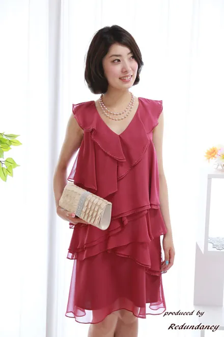 ピンクのVネックフリルミニ丈ドレスコーディネートセット