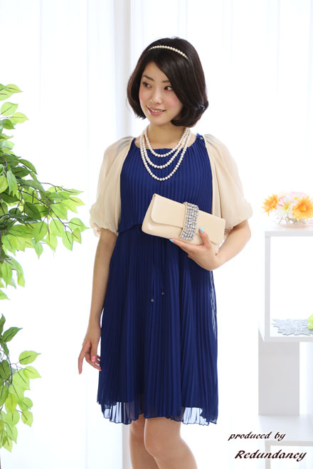 ロイヤルブルーのAラインプリーツドレスコーディネートセット