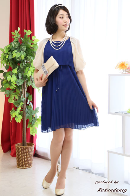ロイヤルブルーのAラインプリーツドレスコーディネートセット