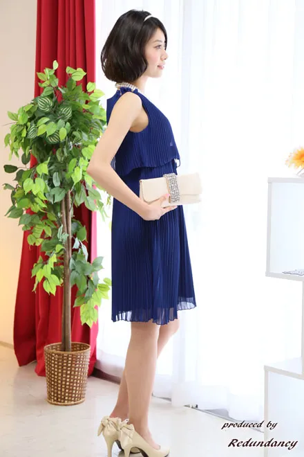 ロイヤルブルーのAラインプリーツドレスコーディネートセット