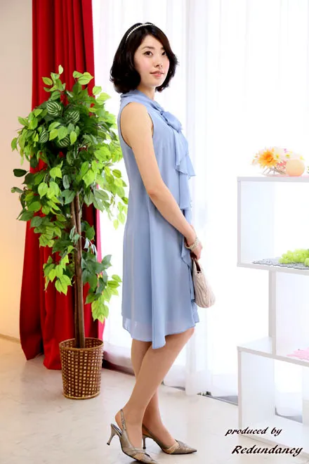 ブルーのネックリボンフリルAラインドレスコーディネートセット