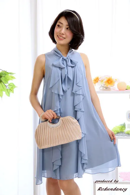 ブルーのネックリボンフリルAラインドレスコーディネートセット