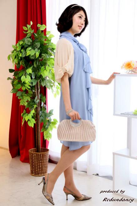 ブルーのネックリボンフリルAラインドレスコーディネートセット