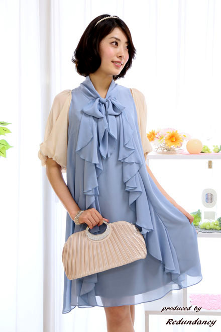 ブルーのネックリボンフリルAラインドレスコーディネートセット