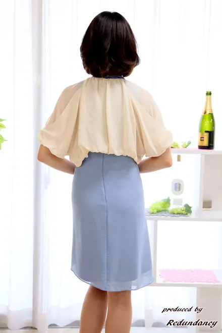 ブルーのネックリボンフリルAラインドレスコーディネートセット