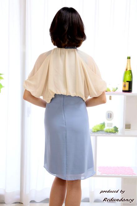 ブルーのネックリボンフリルAラインドレスコーディネートセット