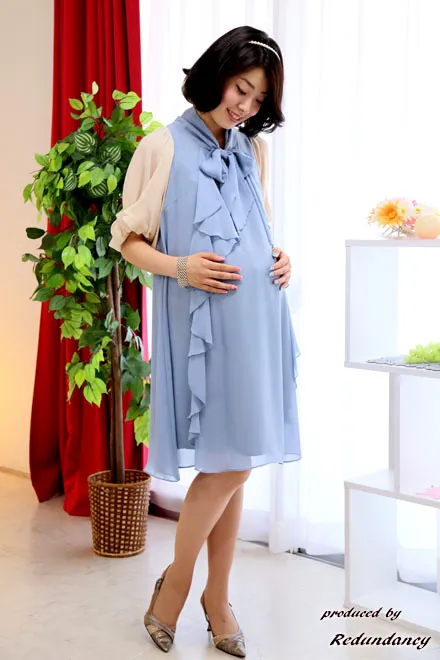 ブルーのネックリボンフリルAラインドレスコーディネートセット