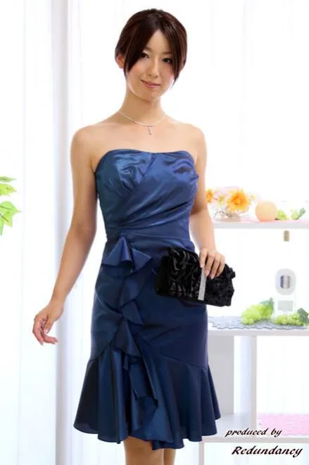 ブルーのベアトップフリルマーメイドドレスコーディネートセット