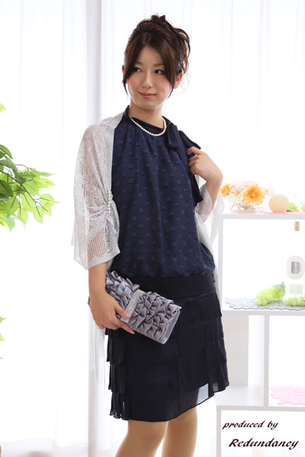 ネイビーのティアードフリルネックリボンドレスコーディネートセット