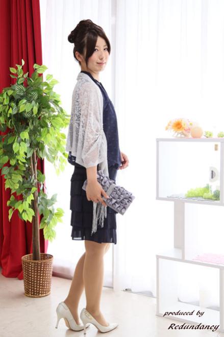 ネイビーのティアードフリルネックリボンドレスコーディネートセット