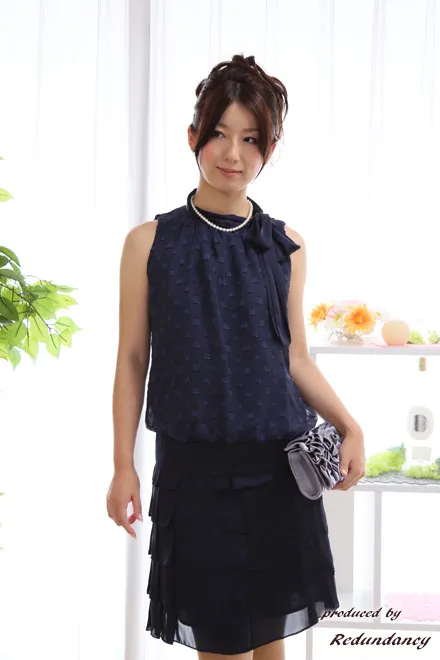 ネイビーのティアードフリルネックリボンドレスコーディネートセット