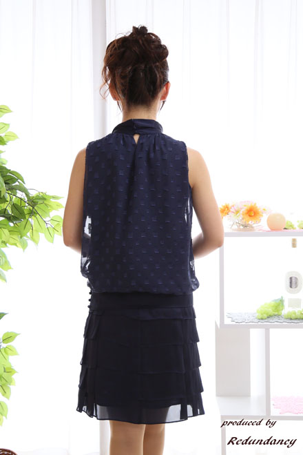 ネイビーのティアードフリルネックリボンドレスコーディネートセット