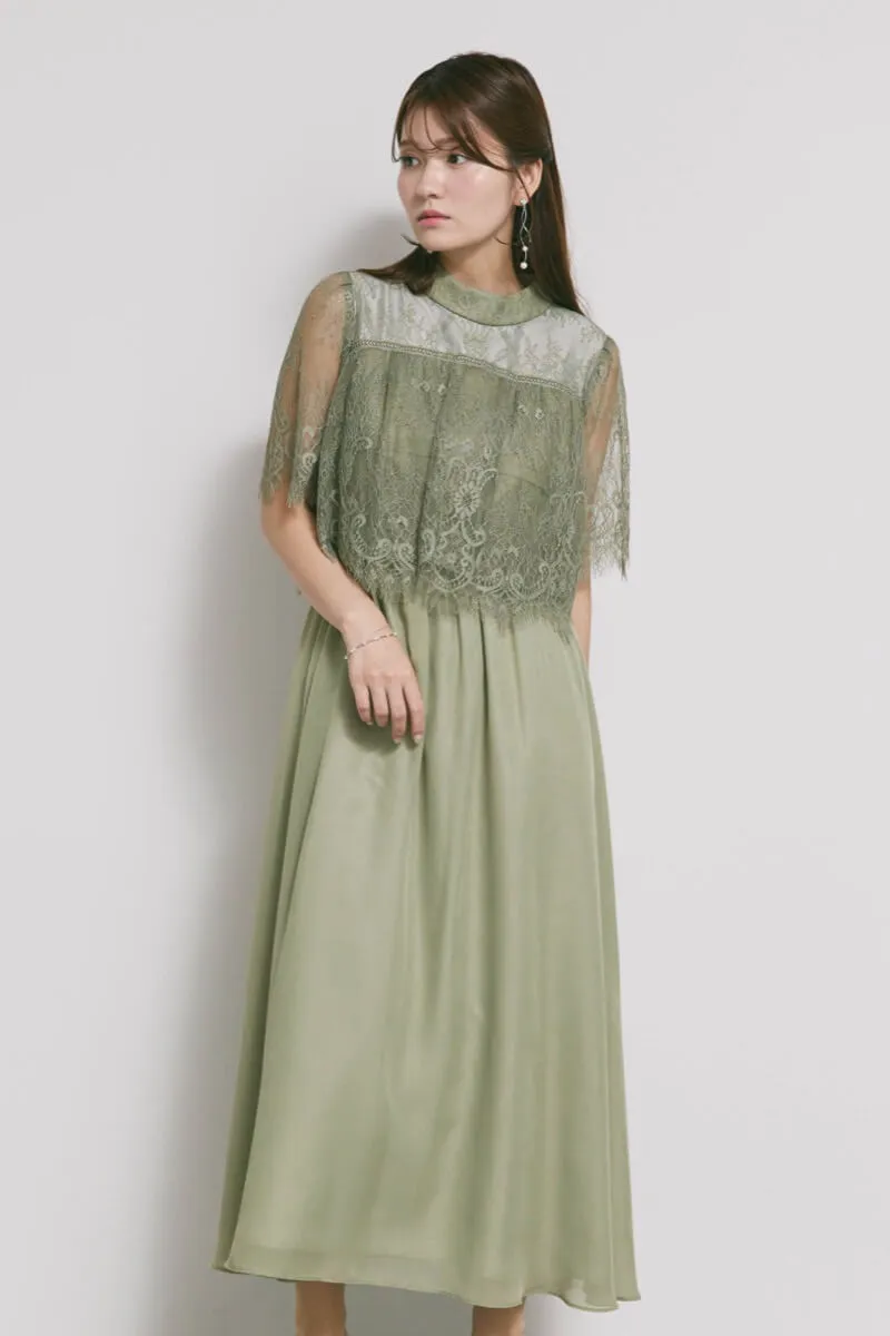 モーヴグリーンの授乳口付ハイネックレースドレス