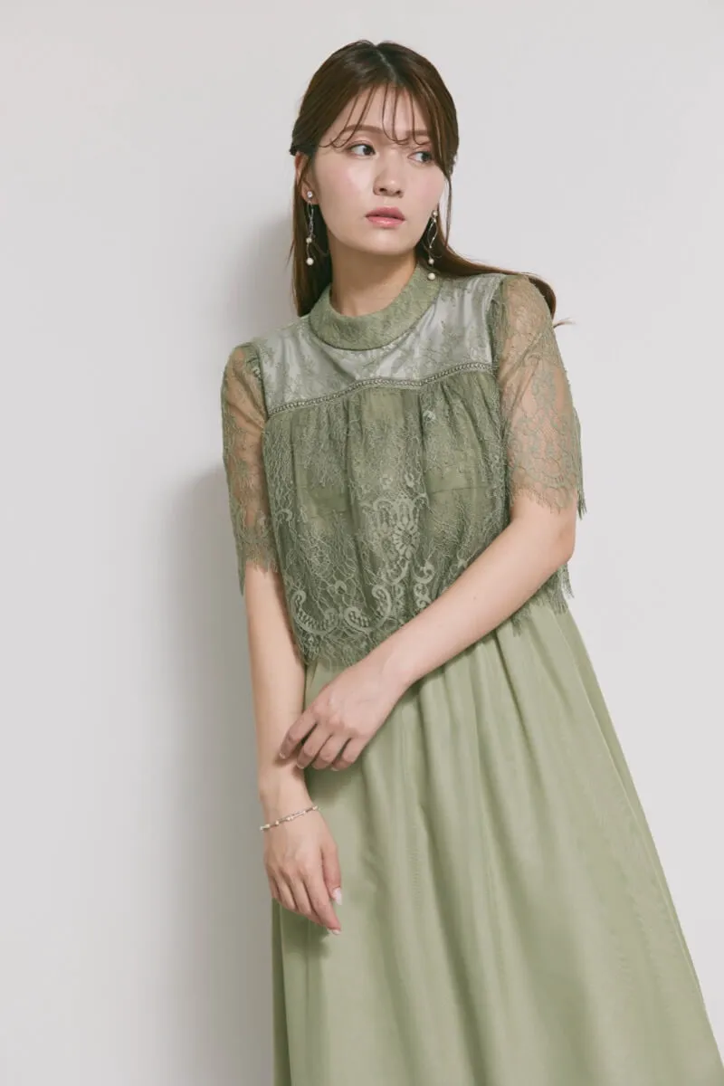 モーヴグリーンの授乳口付ハイネックレースドレス