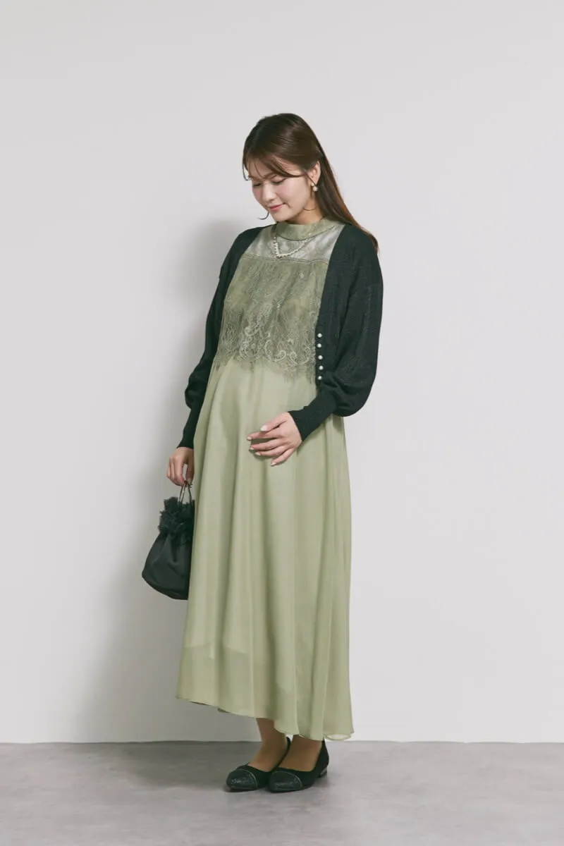 モーヴグリーンの授乳口付ハイネックレースドレス
