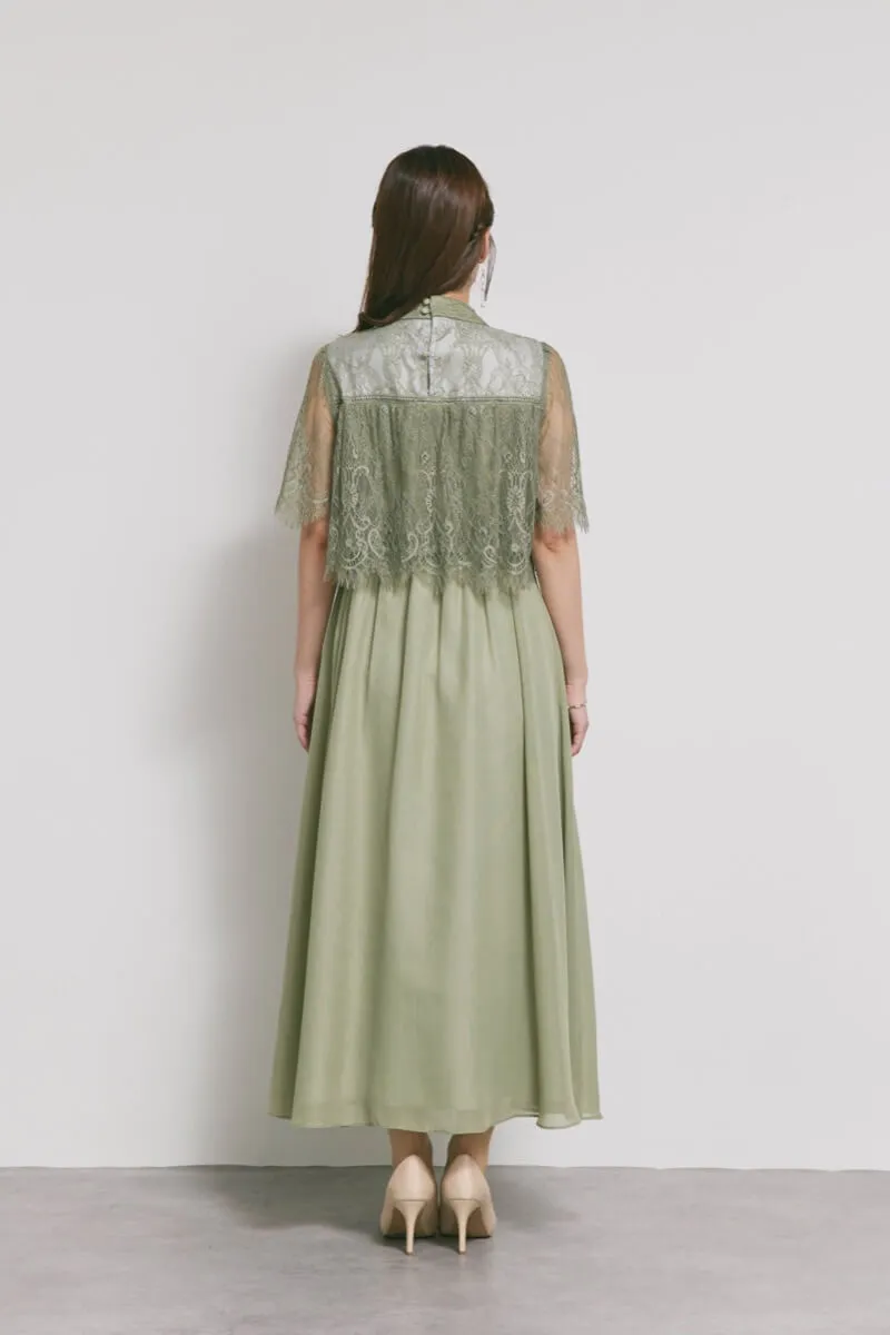 モーヴグリーンの授乳口付ハイネックレースドレス