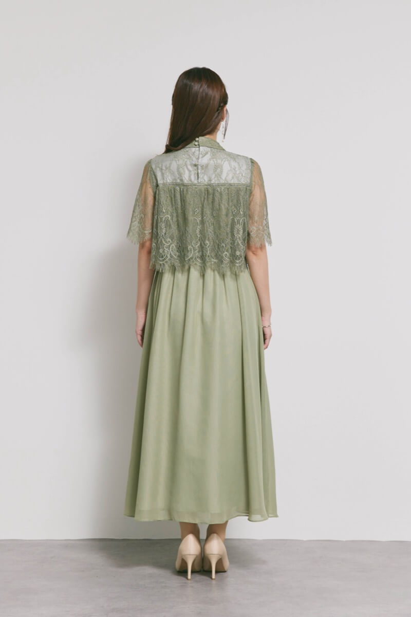 モーヴグリーンの授乳口付ハイネックレースドレス