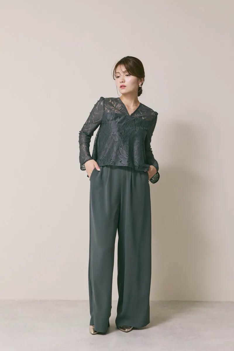ダークグリーンのワイドパンツセットアップ /AIMER