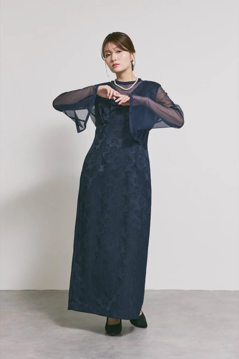 ネイビーのジャガードIラインドレス