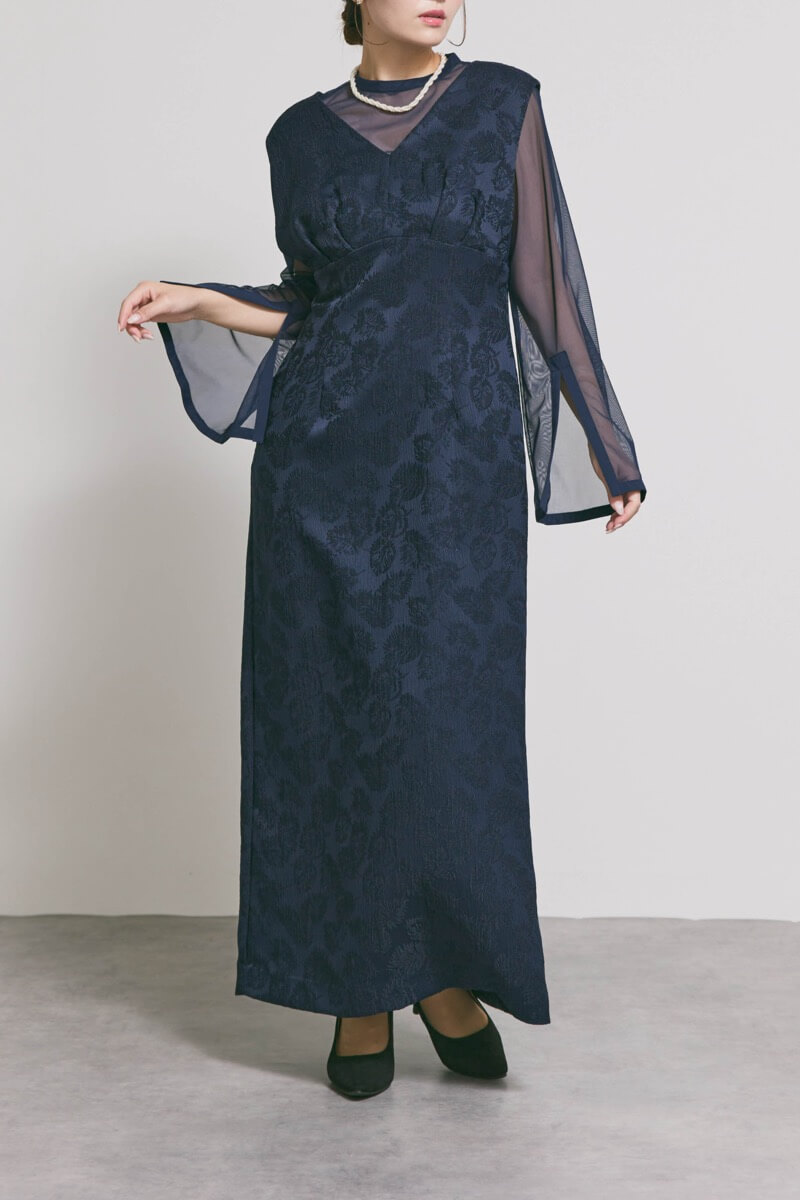 ネイビーのジャガードIラインドレス
