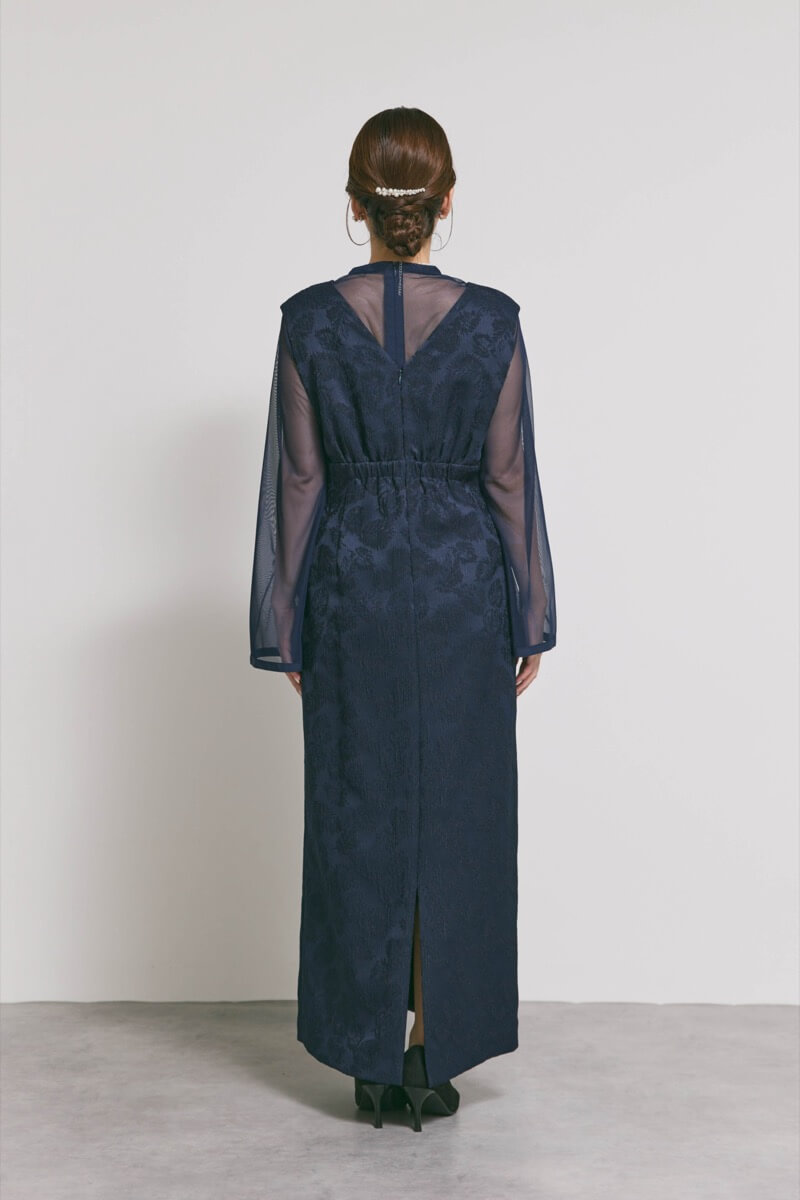 ネイビーのジャガードIラインドレス