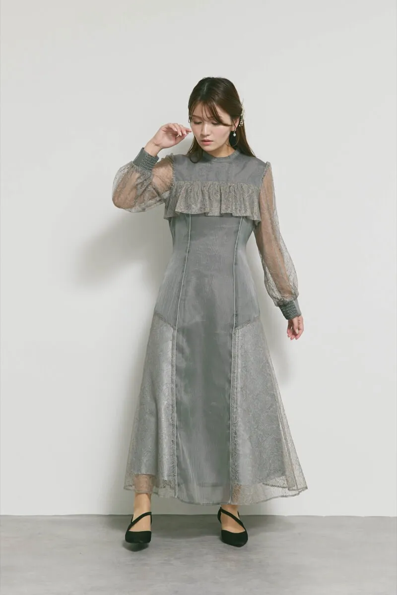 チャコールのシアーレースコンビネーションドレス