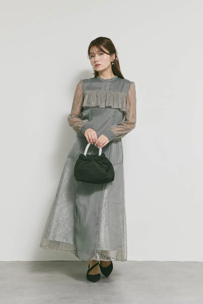 チャコールのシアーレースコンビネーションドレス