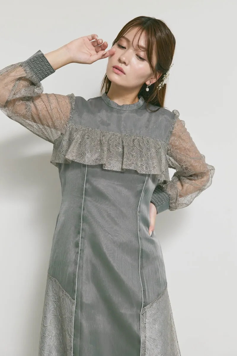 チャコールのシアーレースコンビネーションドレス