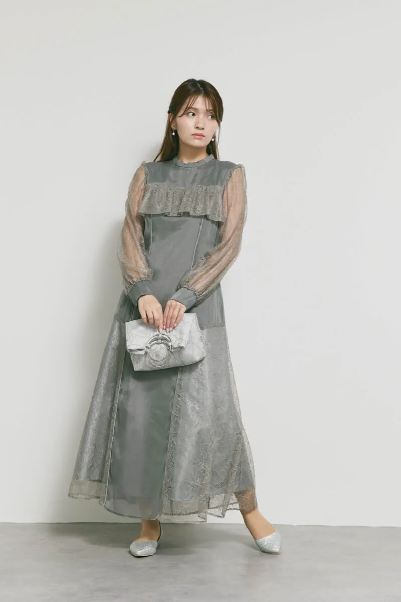 チャコールのシアーレースコンビネーションドレス