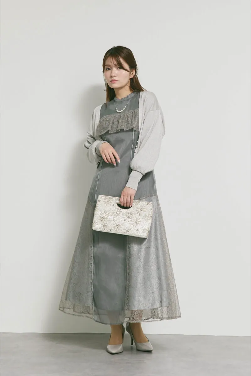 チャコールのシアーレースコンビネーションドレス