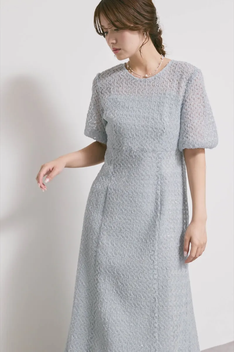 サックスのスパンコールレースドレス