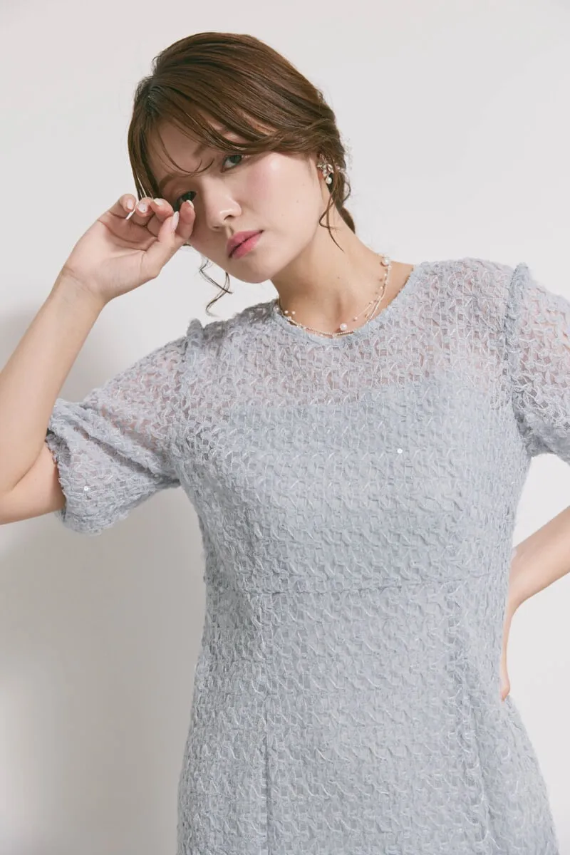 サックスのスパンコールレースドレス