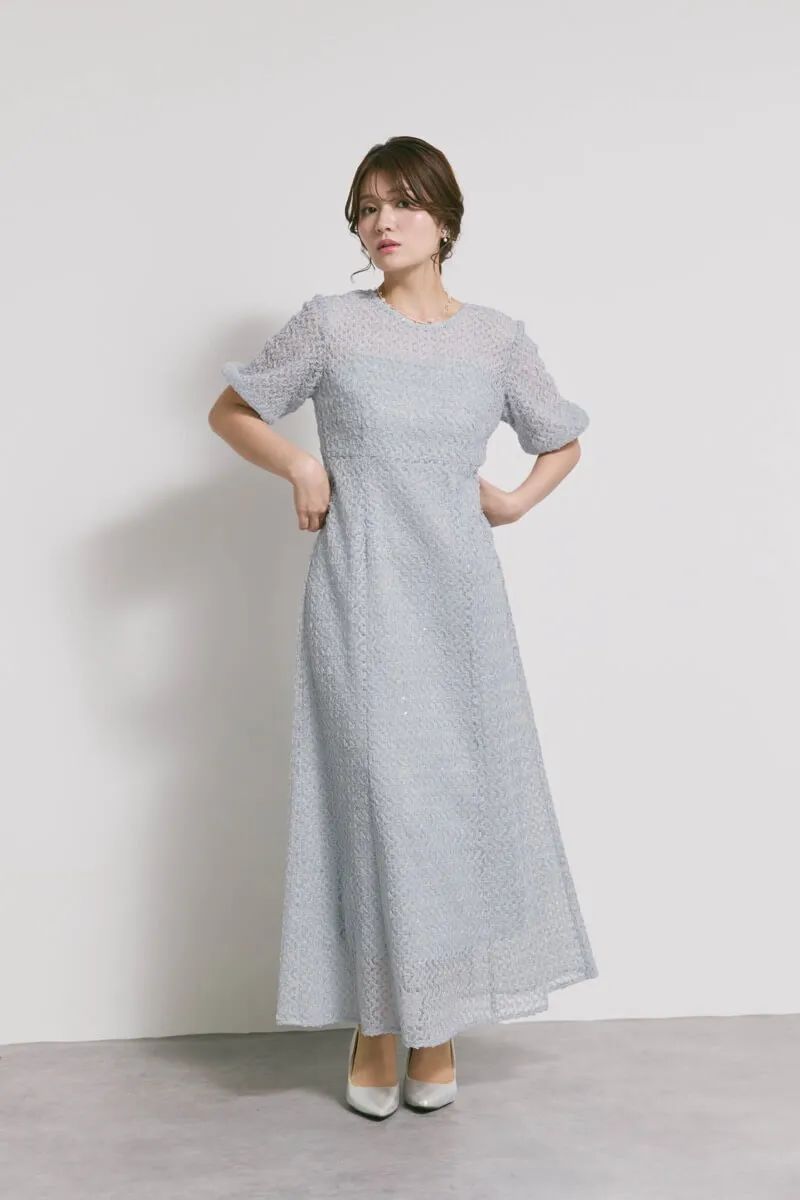 サックスのスパンコールレースドレス