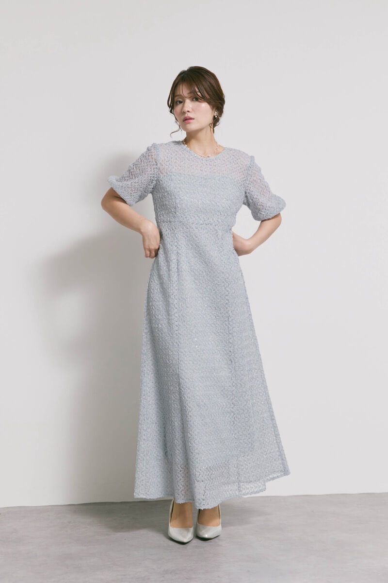 サックスのスパンコールレースドレス